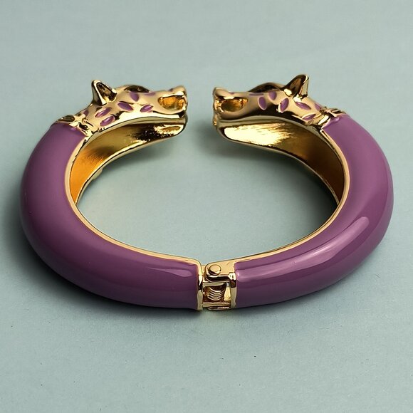 Statement Chunky Glaze Hinged Cuff Bracelet Double Wolf Head Purple Gold… - Picture 7 of 8